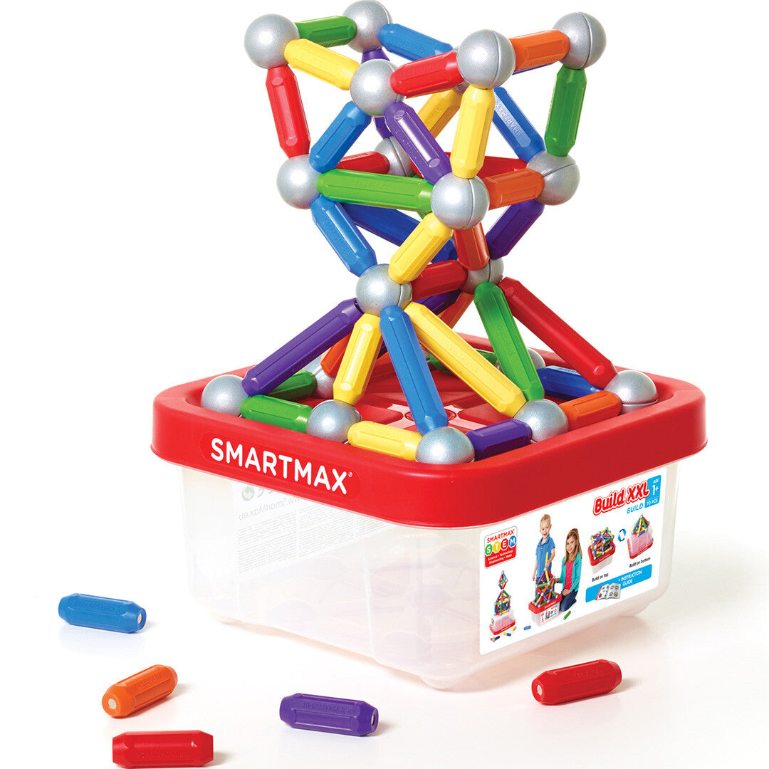SmartMax magnetische bouwset voor kinderen vanaf 1 jaar, met een kleurrijke constructie van staven en ballen op de opbergdoos en losse onderdelen.