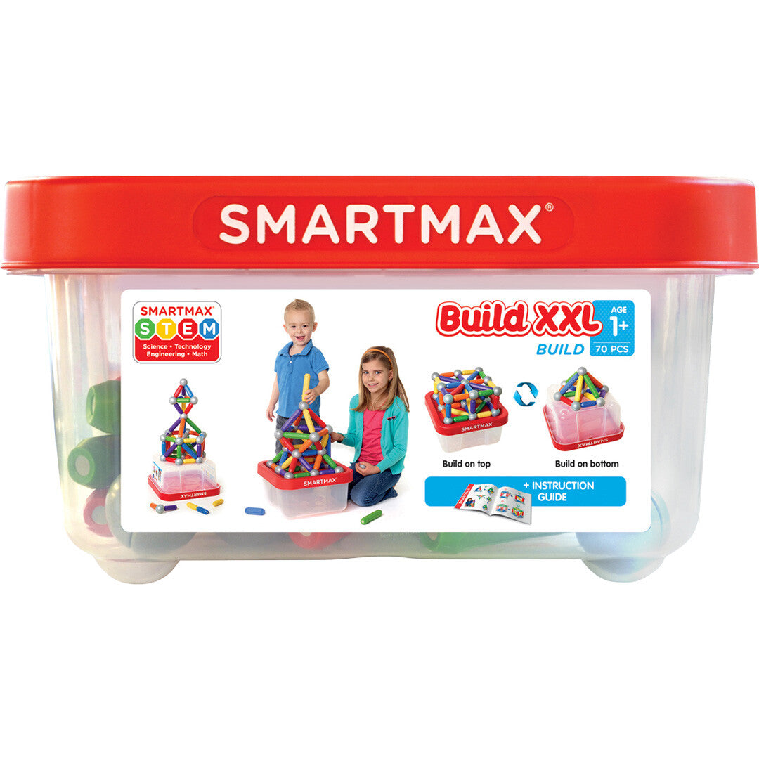 De voorkant van de SmartMax verpakking van de magnetische bouwset, met afbeeldingen van spelende kinderen en voorbeelden van constructies.