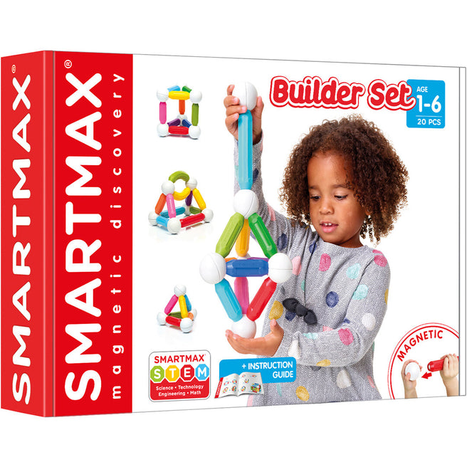 SmartMax My First Builder Set verpakking met een kind dat speelt met de magnetische bouwstaven en ballen.