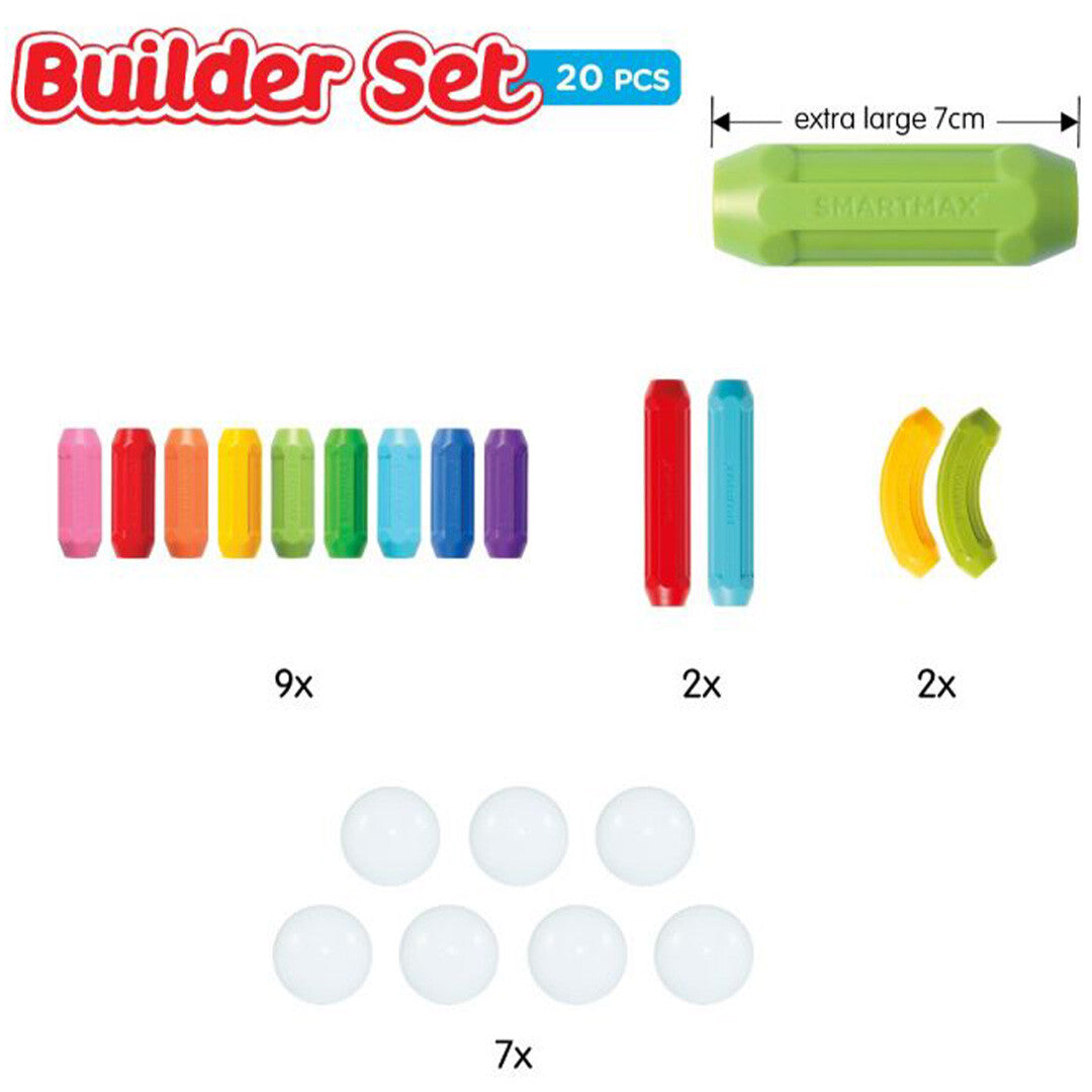 Infographic van de SmartMax My First Builder Set met alle losse magnetische bouwstaven en ballen.