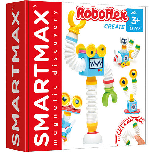 Verpakking van de Smartmax Roboflex magnetische bouwset met een voorbeeld van een gebouwde robot.