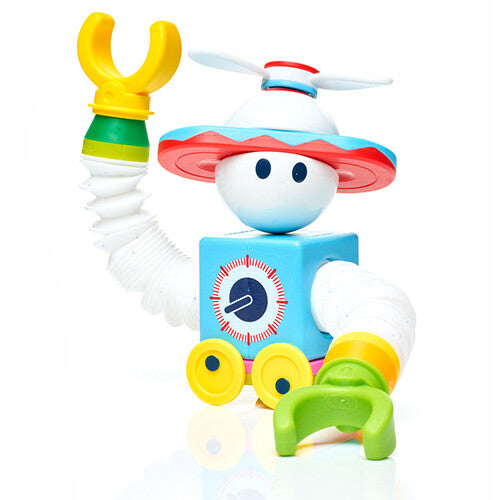Een gebouwde robotfiguur van de Smartmax Roboflex bouwset met een propeller en een gele grijperarm.
