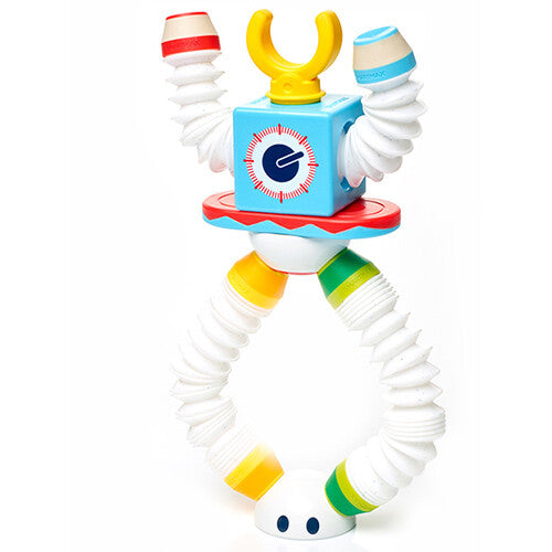 Een robotfiguur van de Smartmax Roboflex bouwset met flexibele armen die een cirkel vormen.