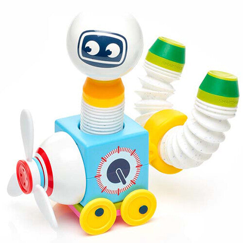 Een robotfiguur van de Smartmax Roboflex bouwset, gebouwd als een vliegtuig met propeller en flexibele armen.
