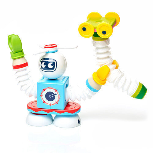 Een robotfiguur van de Smartmax Roboflex bouwset met verrekijkerogen en flexibele armen.