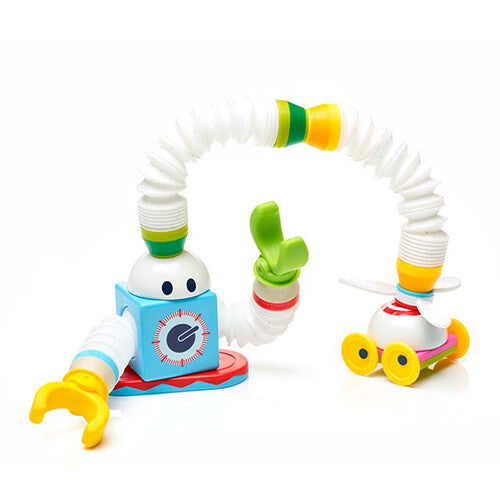 Twee robotachtige figuren van de Smartmax Roboflex bouwset, verbonden door een lange flexibele arm.