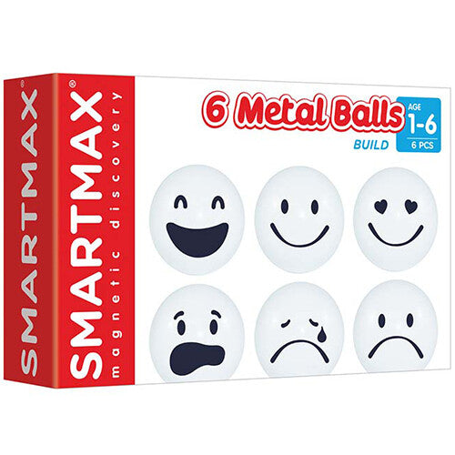 De verpakking van de SmartMax uitbreidingsset met 6 metalen gezichtsballen met emoties.