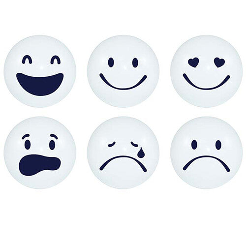 Zes witte SmartMax metalen gezichtsballen met verschillende emoties.