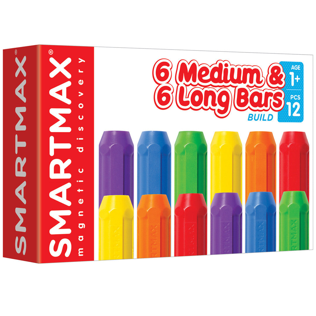 Smartmax verpakking van de uitbreidingsset met 6 medium en 6 lange, veelkleurige magnetische bouwstaven.
