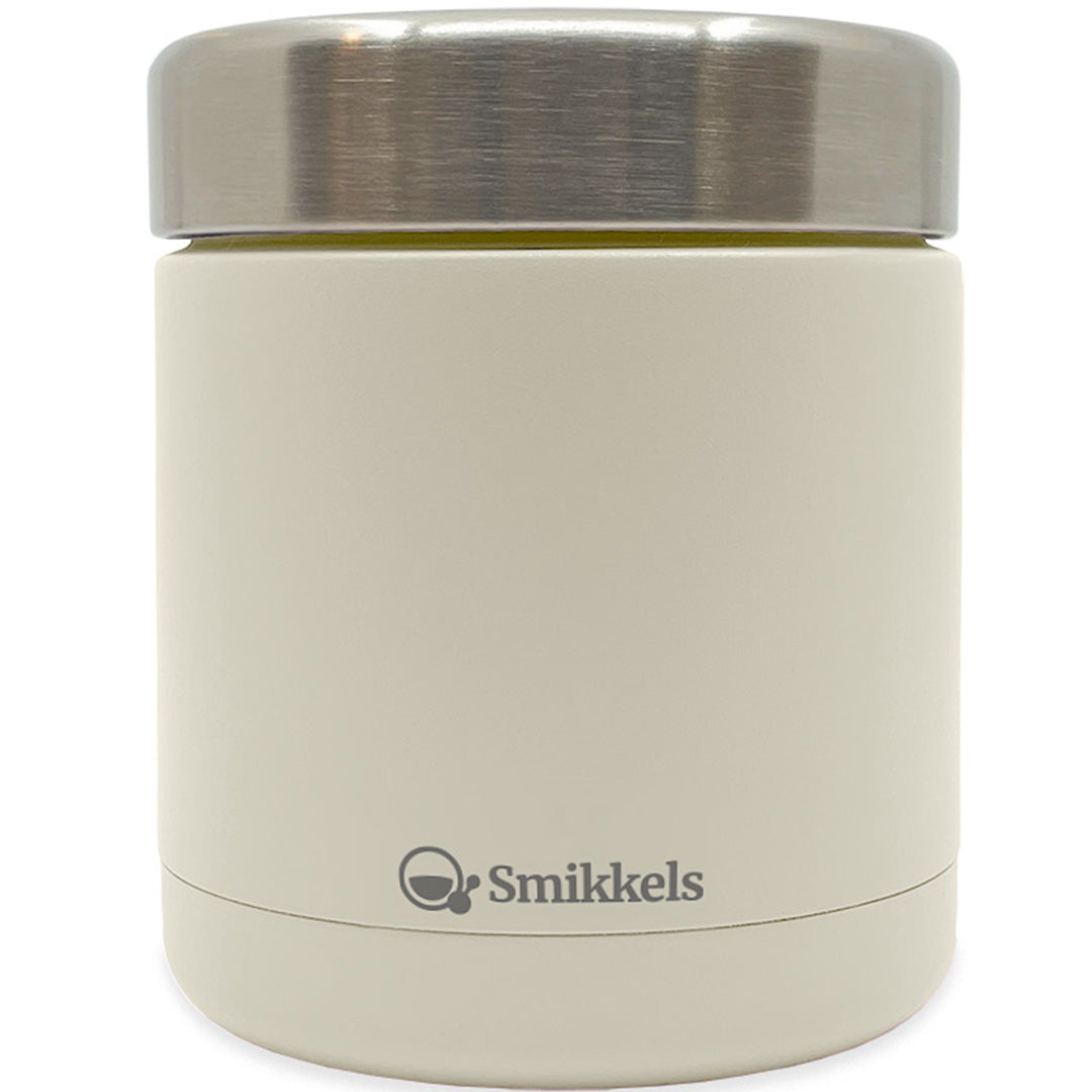 Smikkels crème thermos voedselpot met zilverkleurige dop.
