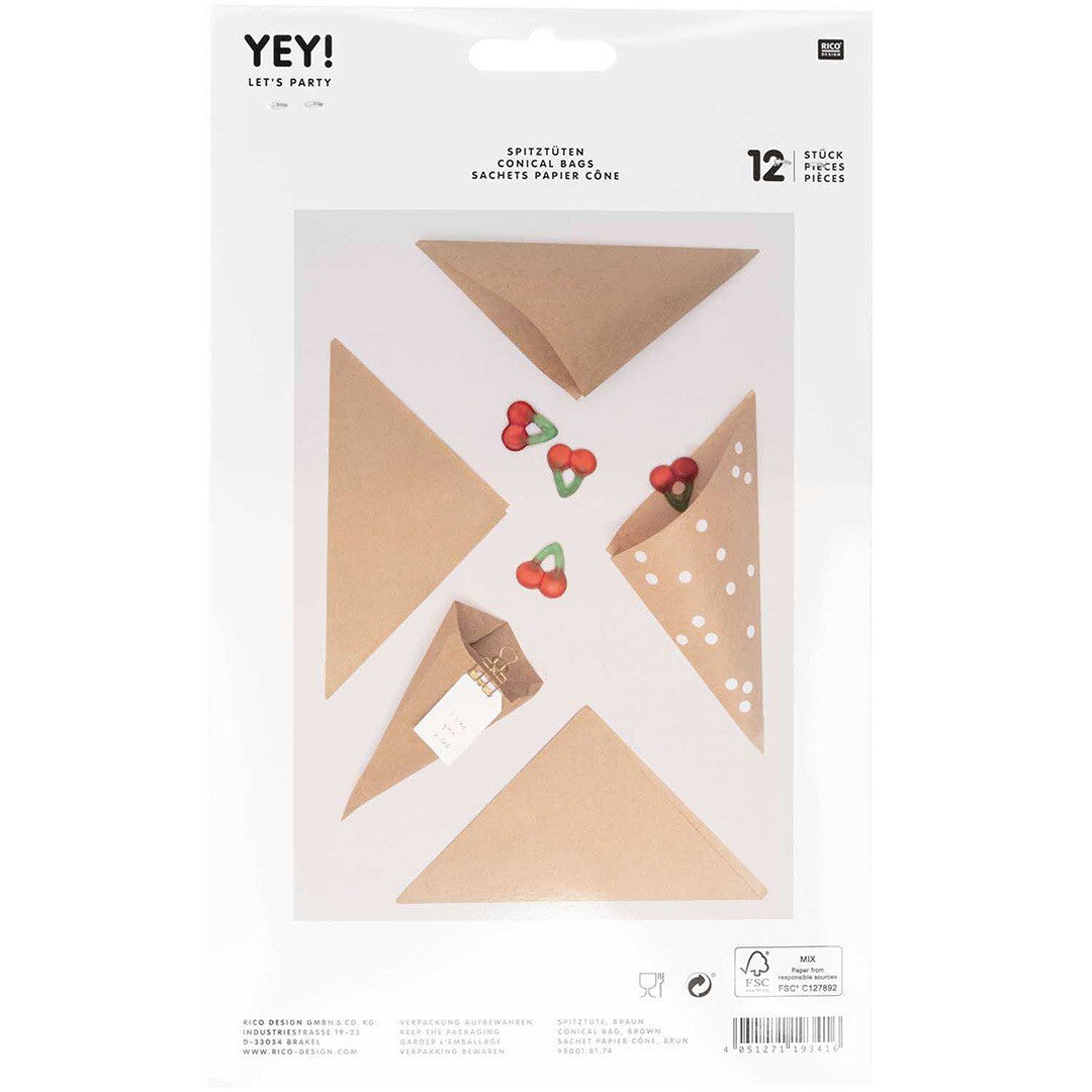 Achterkant van de Rico Design verpakking van bruine papieren feestartikelen snoepzakjes, met voorbeelden van versierde zakjes.