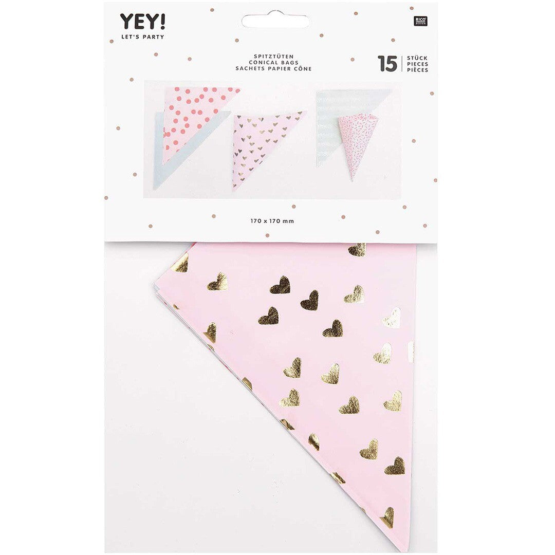 Rico Design verpakking met 15 roze papieren puntzakjes met stippen en hartjes.