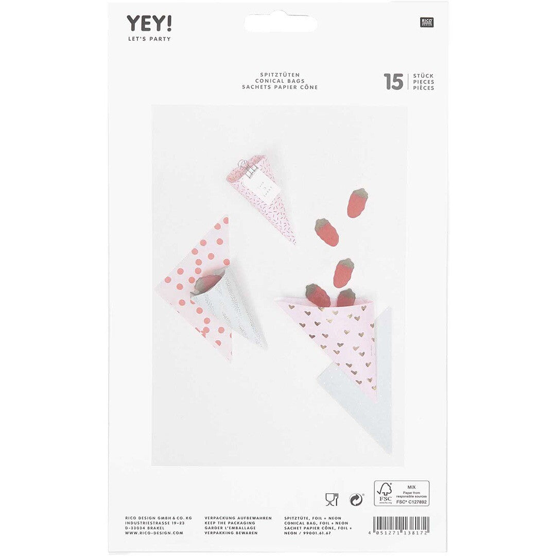 Achterkant van de Rico Design verpakking voor roze papieren puntzakjes.