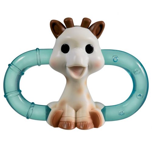 Sophie de Giraf koelbijtring met een witte girafkop en een turquoise ovale bijtring.