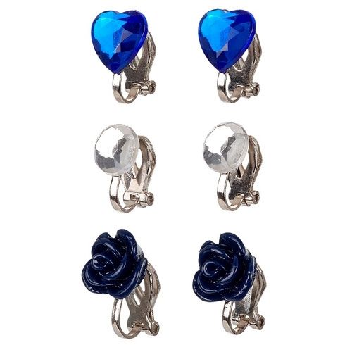 Souza for Kids set van drie paar clipoorbellen voor kinderen, met blauwe harten, transparante cirkels en donkerblauwe rozen.