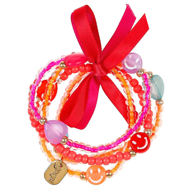 Souza for Kids set van veelkleurige kinderarmbanden met kralen, harten, smiley gezichtjes en een rood lint.
