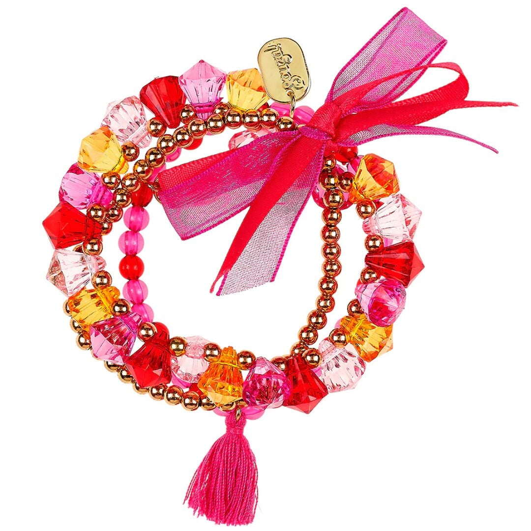 Souza for kids kinderarmbanden met veelkleurige kralen, een roze kwastje en een roze lint.