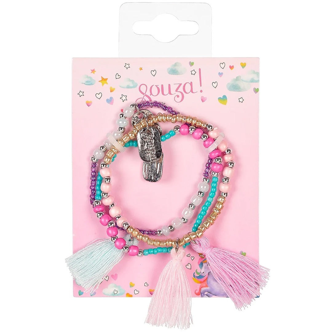 Souza for kids set van drie kinderarmbanden op een roze verpakking met eenhoorn en hartjes.
