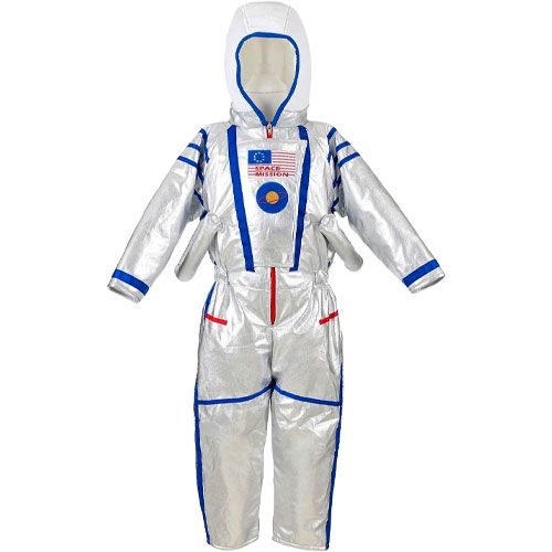 Souza for kids zilveren astronautenpak voor kinderen met blauwe strepen en een witte capuchon.