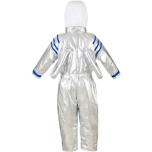 Achterkant van het zilveren astronautenpak met blauwe strepen op de armen en rug.