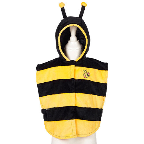 Souza for Kids kinder bijencape met zwarte en gele strepen, capuchon met voelsprieten en een geborduurde Maya de Bij.