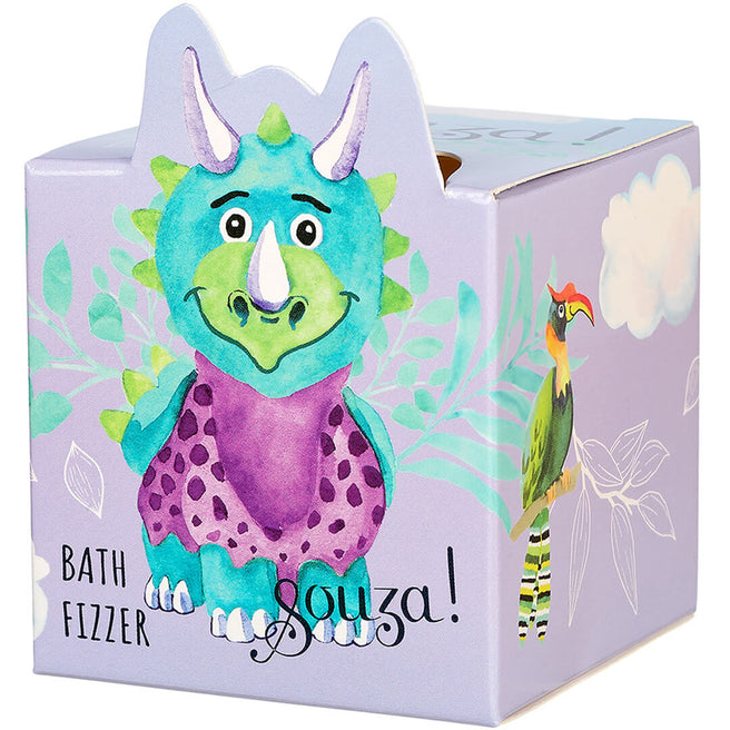 Souza for kids verpakking van een bruisbal met een cartoon draak en vogel.