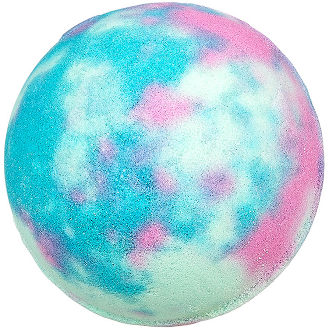 Een ronde, veelkleurige Souza for kids bruisbal met blauwe, roze en lichtgroene swirls.