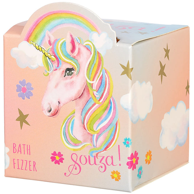 Souza for Kids verpakking voor een kinderbruisbal met een eenhoorn, regenboog en sterren.