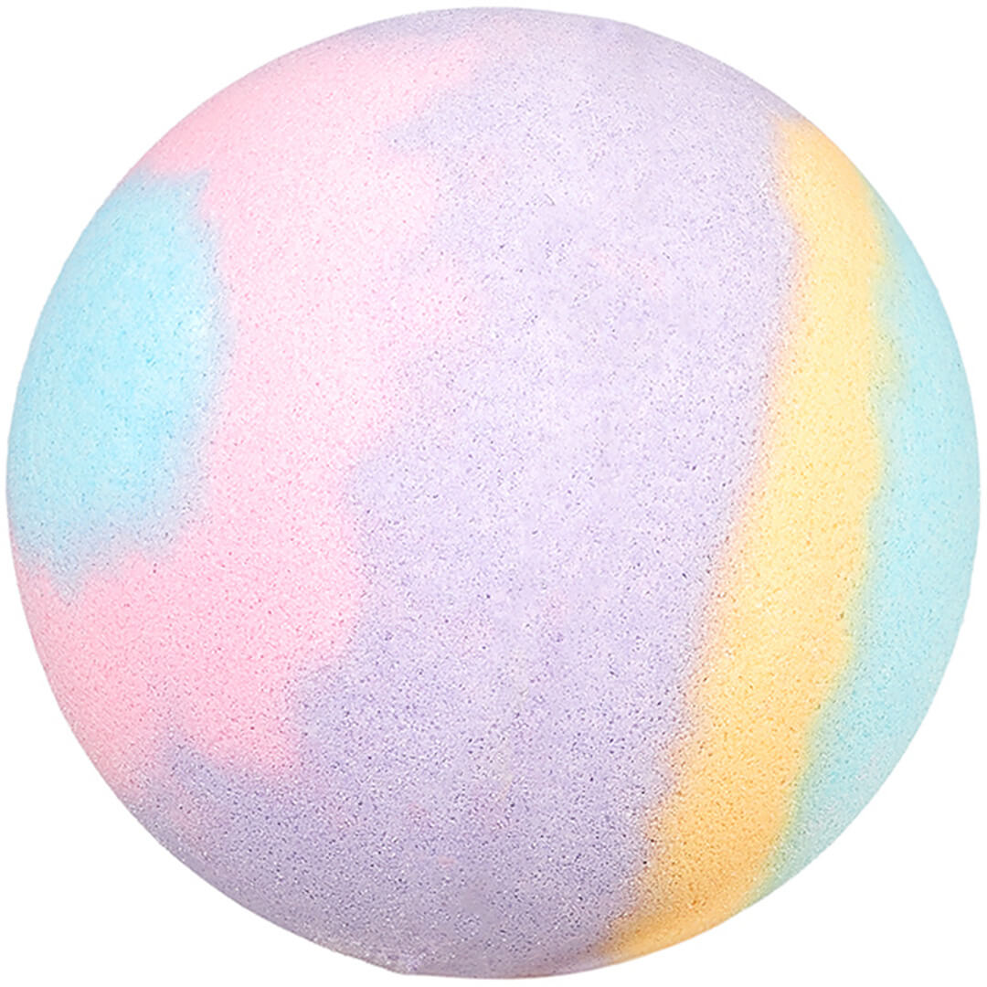 Een ronde, veelkleurige kinderbruisbal in pastelkleuren.