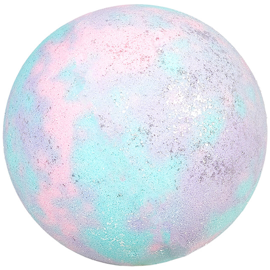 Ronde bruisbal voor kinderen in pastelkleuren roze, blauw en paars met glitters.