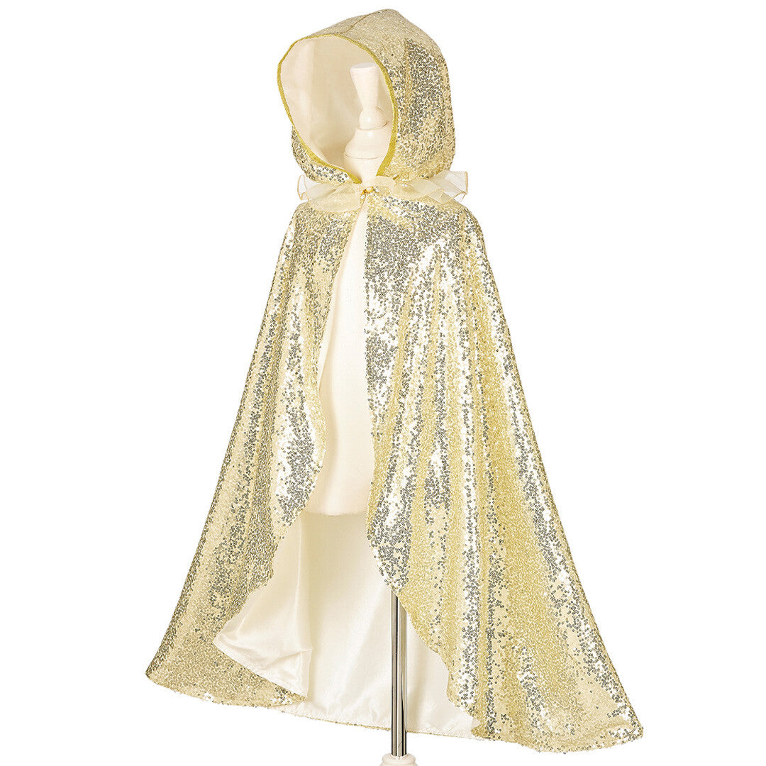 Souza for Kids gouden kinder cape met pailletten en capuchon, schuin op een paspop.