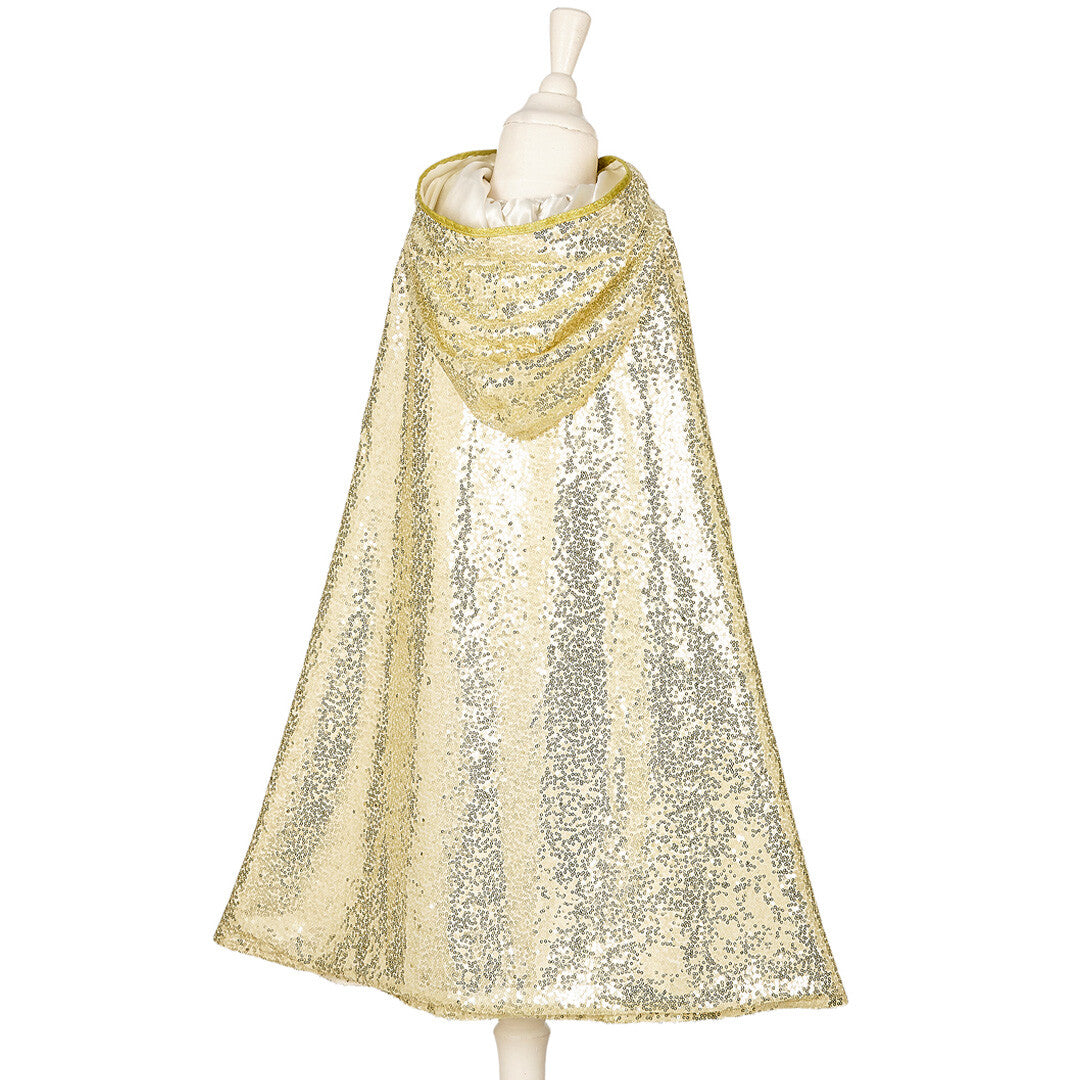 Souza for Kids gouden kinder cape met pailletten en capuchon, van achteren op een paspop.