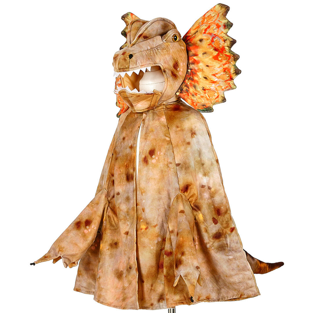 Souza for kids dilophosaurus cape, een beige kinderkostuum met dinosaurushoofd en franje.