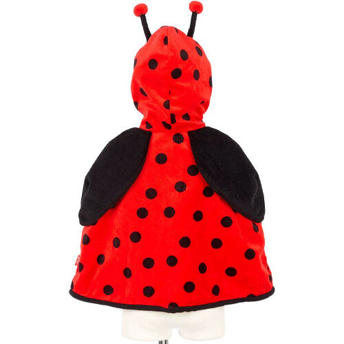 De achterkant van de Souza for Kids lieveheersbeestje cape, rood met zwarte stippen, op een paspop.