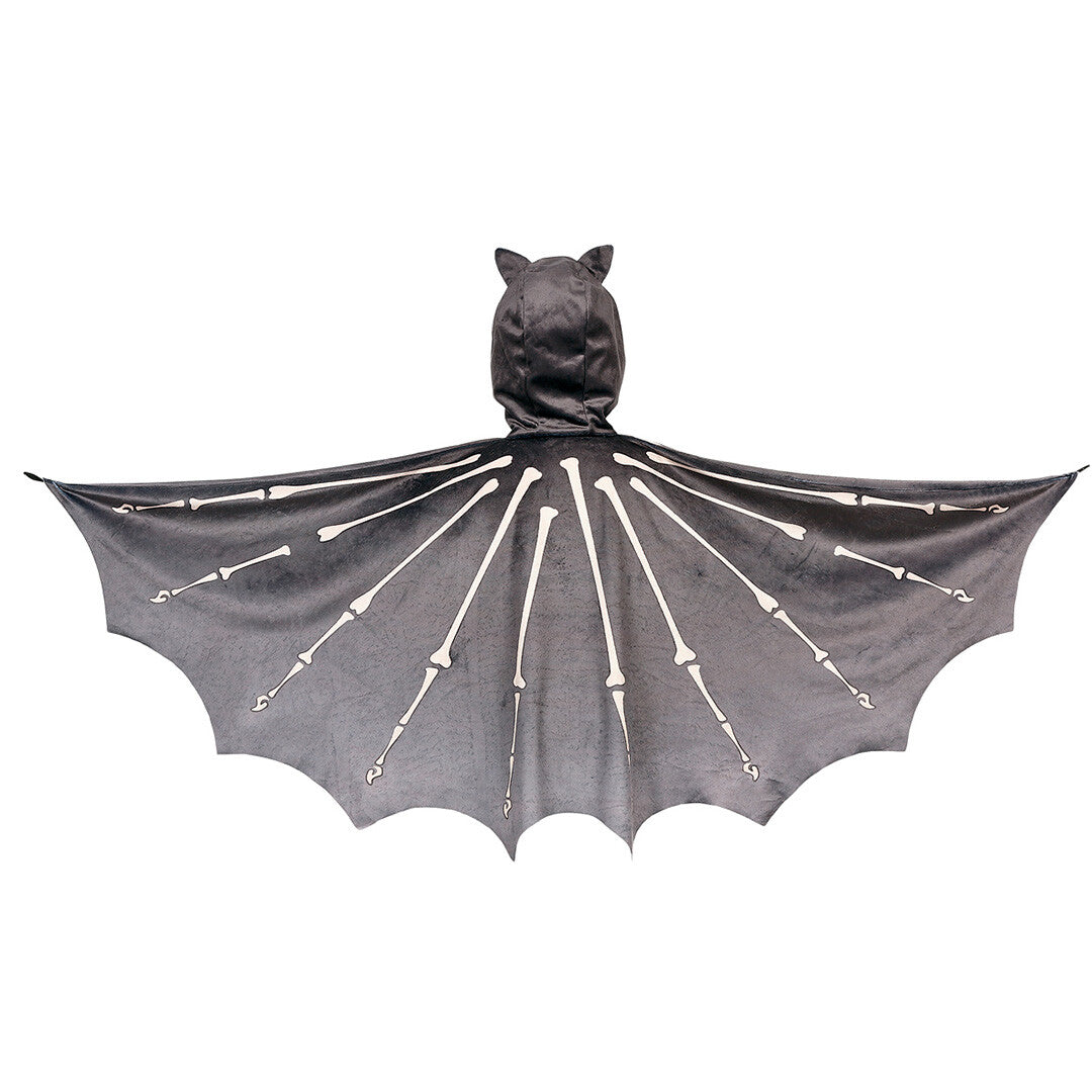 Souza for Kids kinder kostuum cape in de vorm van een zwarte vleermuis met skeletprint, van achteren gezien.
