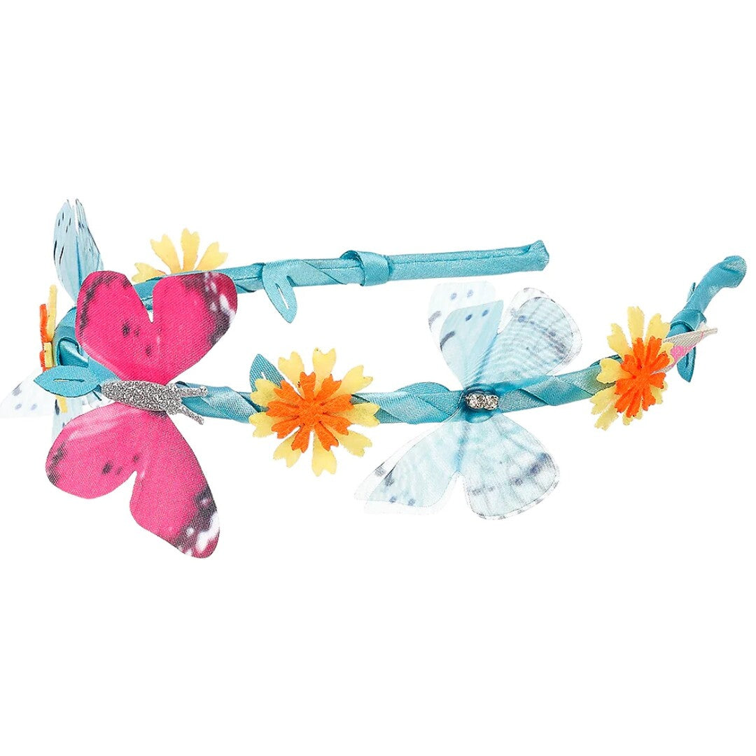 Souza for Kids kinder hoofdband met blauwe band versierd met roze en lichtblauwe vlinders en gele en oranje bloemen.