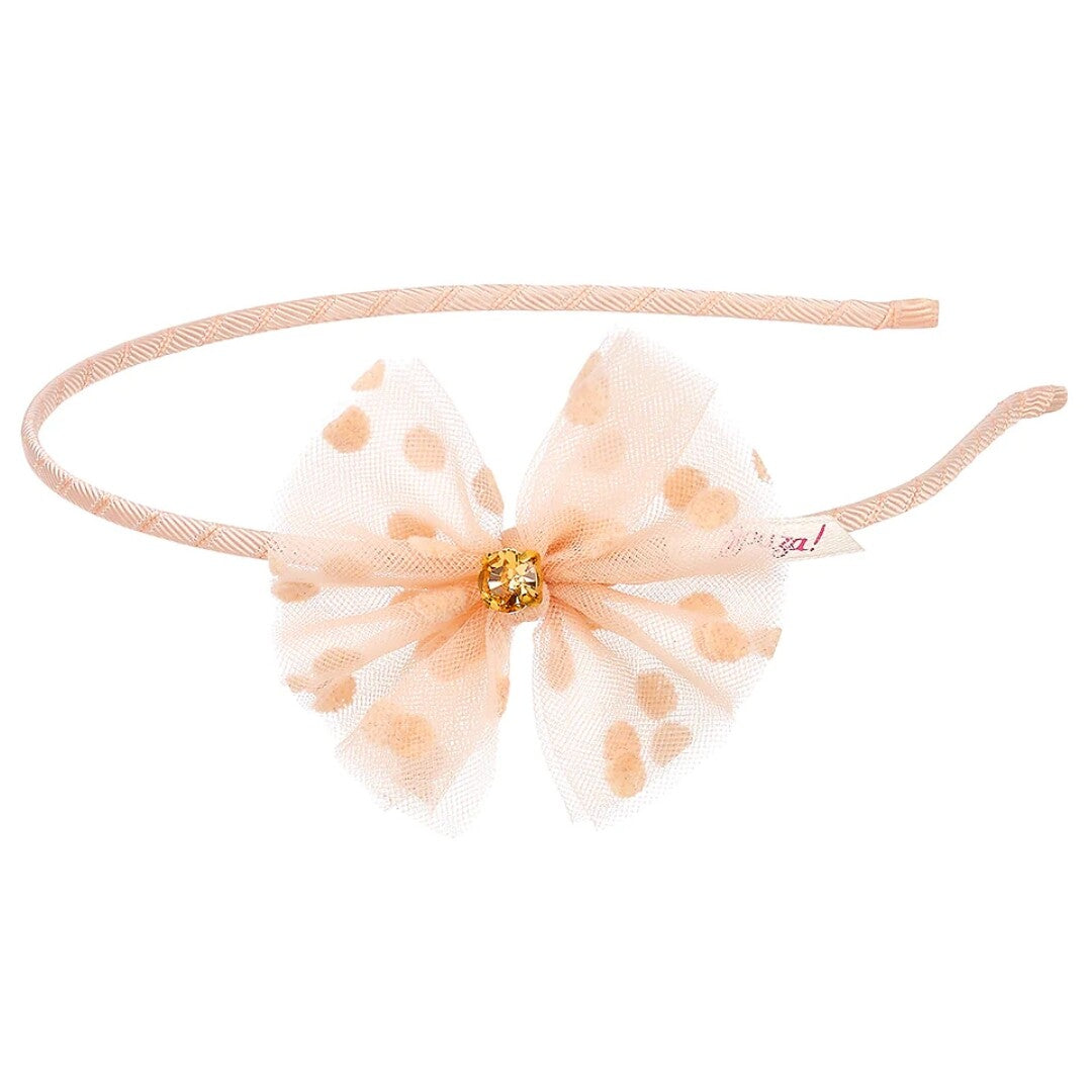 Souza for Kids kinder hoofdband met een roze strik met stippen en een kristal.