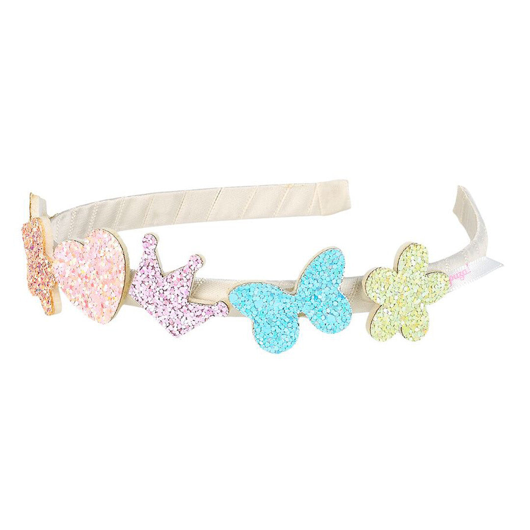 Souza for kids kinderhoofdband met glitterfiguren zoals een hart, kroon, vlinder en bloem.
