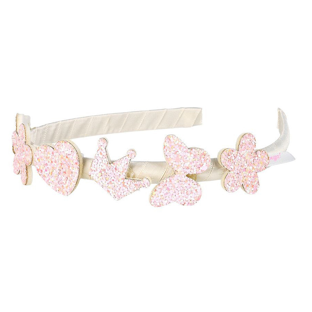 Souza for Kids witte diadeem met roze glitter hart, kroon, vlinder en bloem.