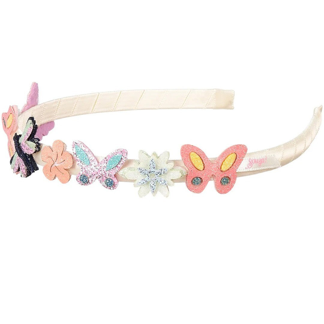 Souza for Kids kinderhoofdband met veelkleurige glittervlinders en bloemen.