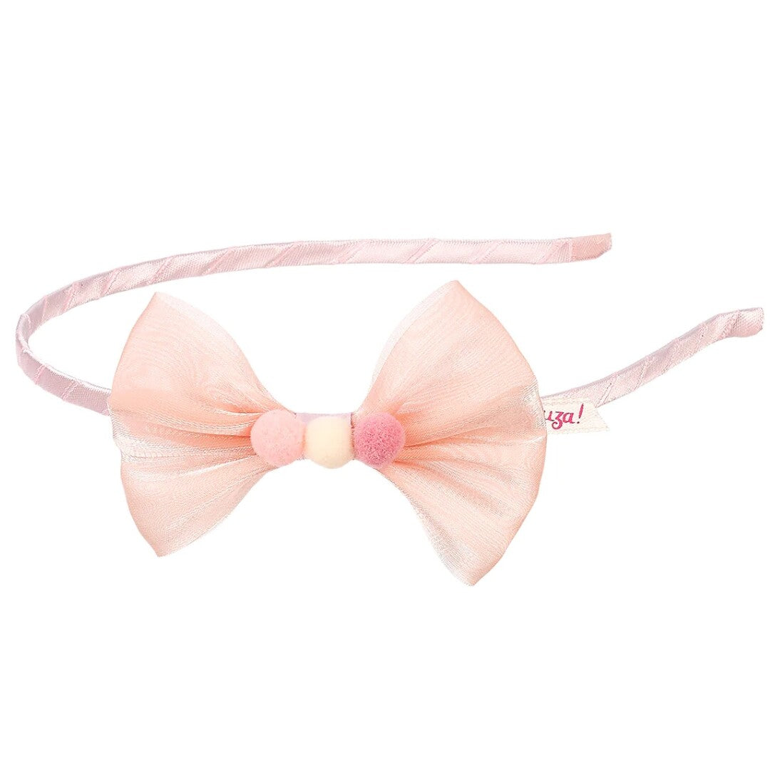Souza for Kids roze kinder hoofdband met strik en drie pompons.