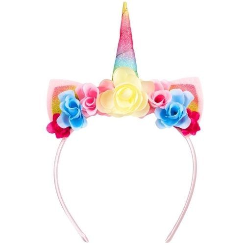Souza for kids eenhoorn diadeem met regenbooghoorn, roze glitteroren en kleurrijke bloemen.