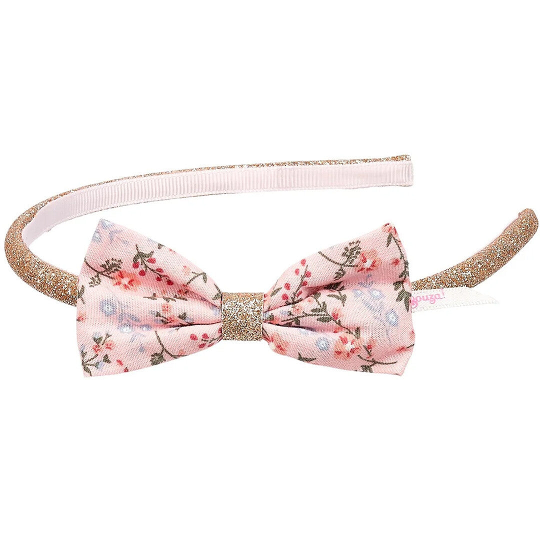 Souza for Kids kinder hoofdband roze met bloemenprint strik en gouden glitter.