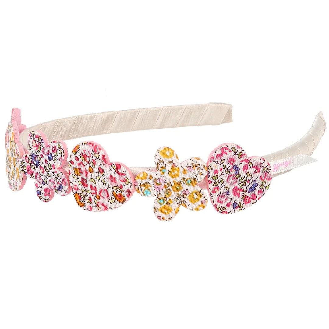 Souza for kids kinder hoofdband met beige satijnen band en gebloemde harten en bloemen.