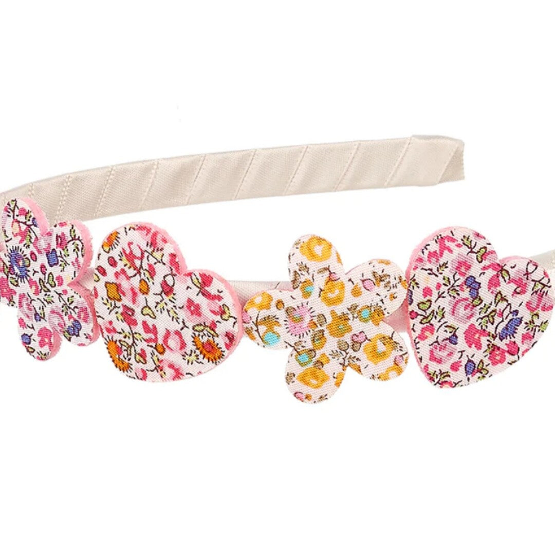 Detail van de Souza for kids kinder hoofdband met gebloemde harten en bloemen.