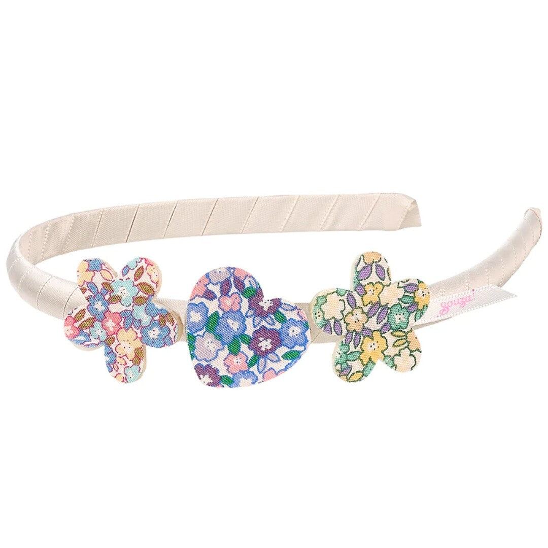 Souza for kids kinderhoofdband met drie gebloemde versieringen: twee bloemen en een hartje.