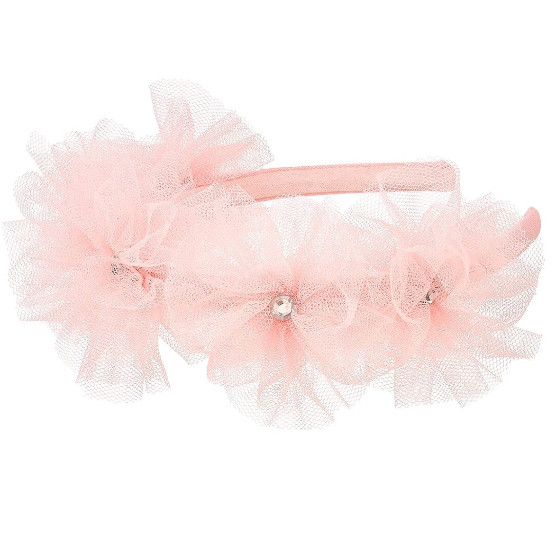 Souza for kids roze kinder hoofdband met drie bloemen van tule en kristallen.