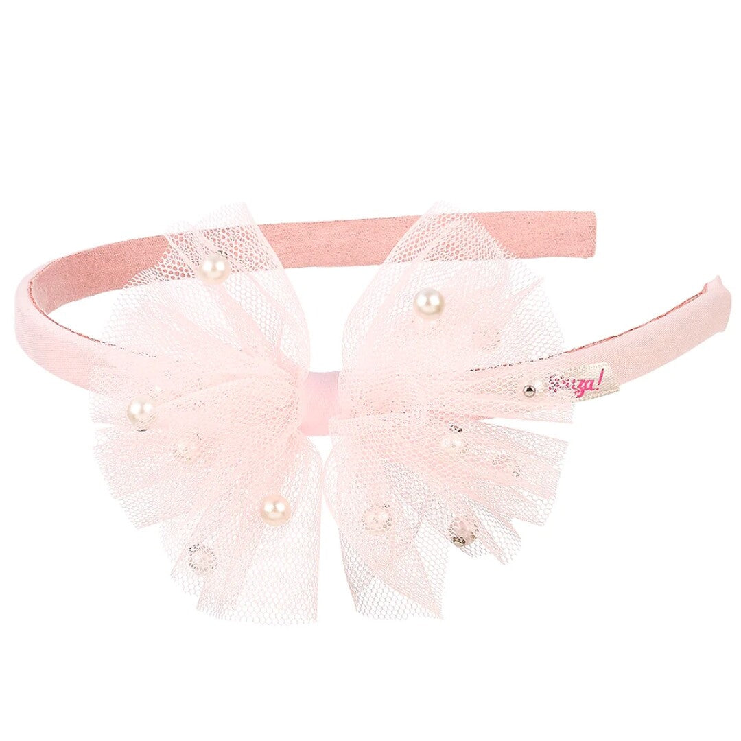 Souza for Kids roze hoofdband met een grote strik van tule versierd met parels en steentjes.