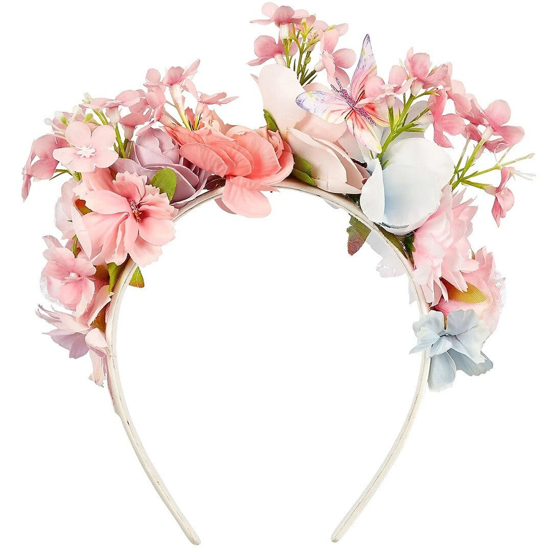 Souza for Kids kinderhoofdband met roze, paarse en blauwe bloemen en een roze vlinder.