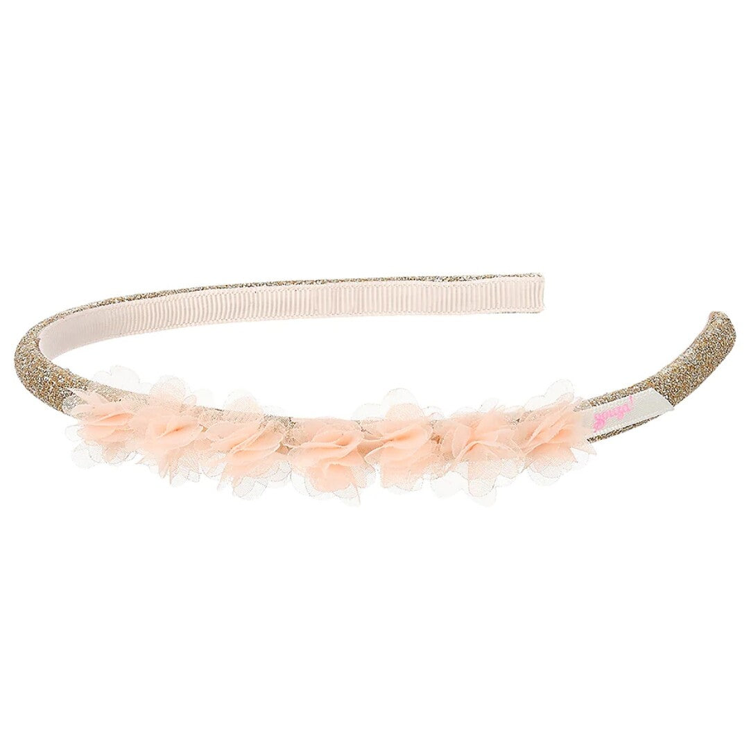 Souza for Kids kinder hoofdband met gouden glitters en roze stoffen bloemen.